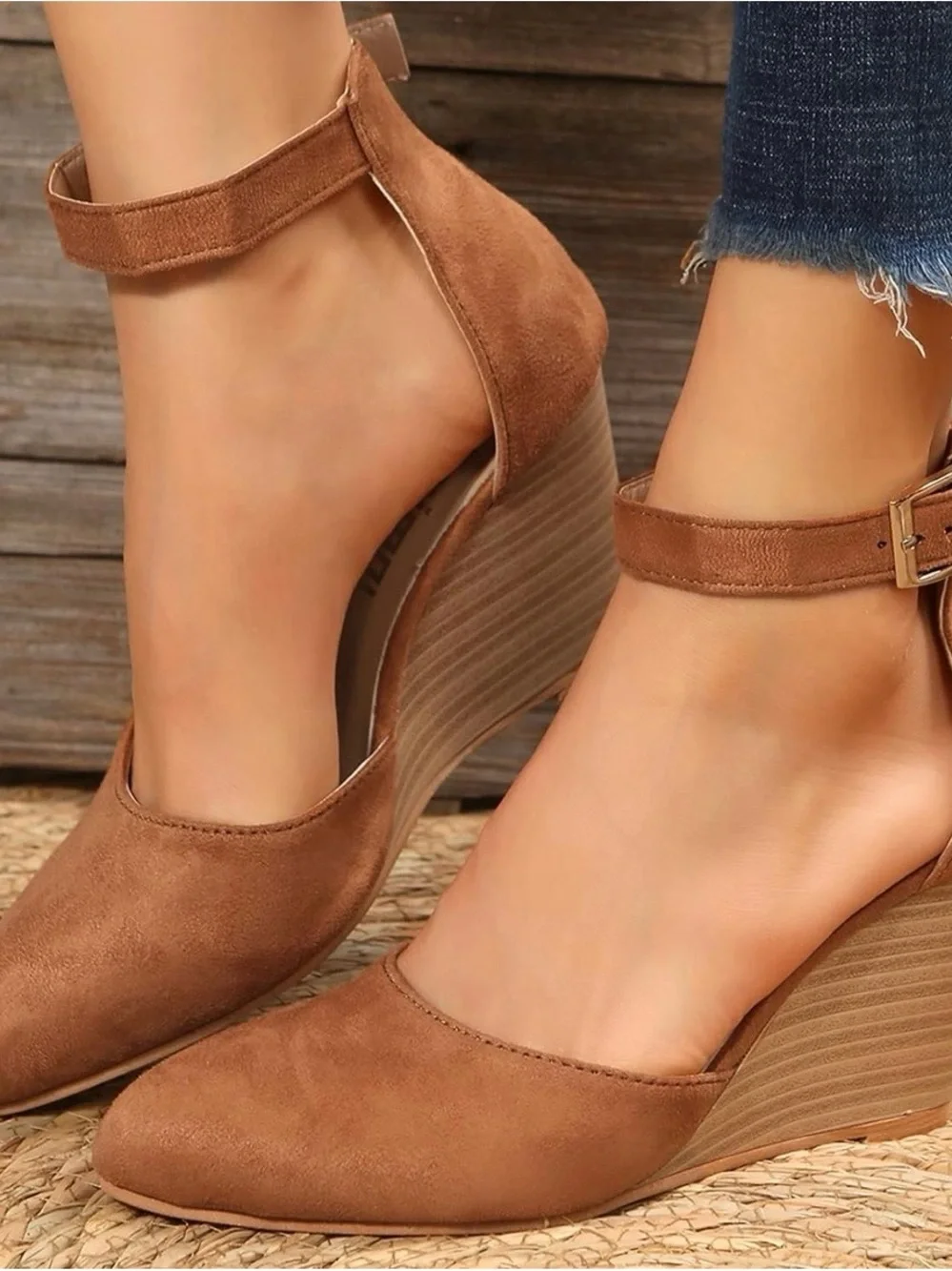 Tan Suede-Like Ankle-Strap Wedge Heels